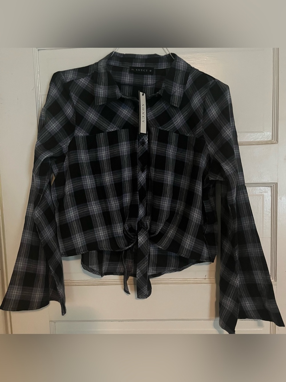 NWT Soncy Plaid Tie Front Crop Top Shirt Flannel Flared Bell Sleeve XL Black